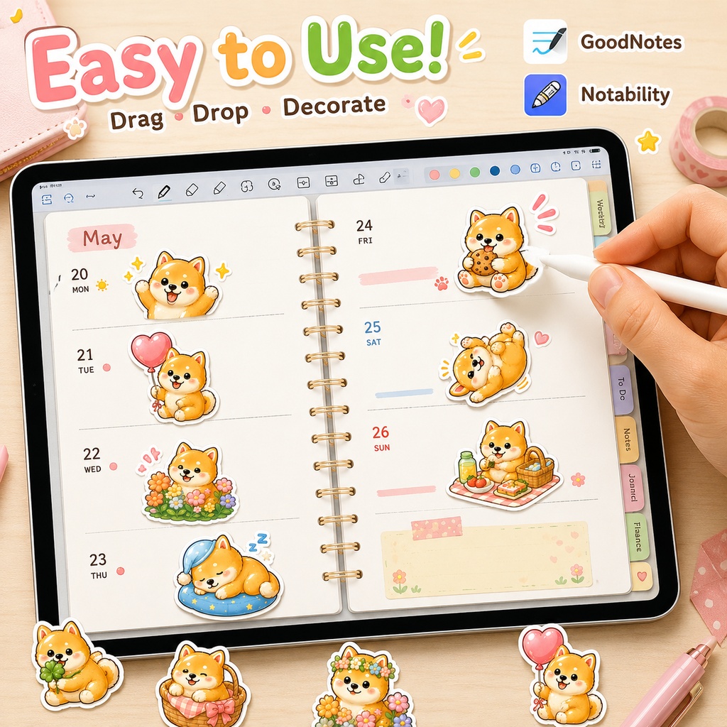 柴犬ぷくぷくシール デジタルステッカー40枚 GoodNotes Notability対応 iPad 手帳デコ PNG素材