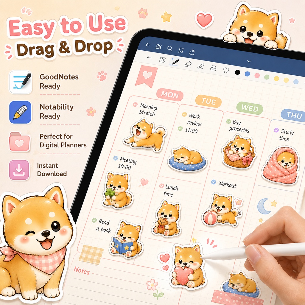 かわいい子犬の柴犬 デジタルステッカー40枚 GoodNotes Notability対応 PNG 手帳デコ iPad ダウンロード素材
