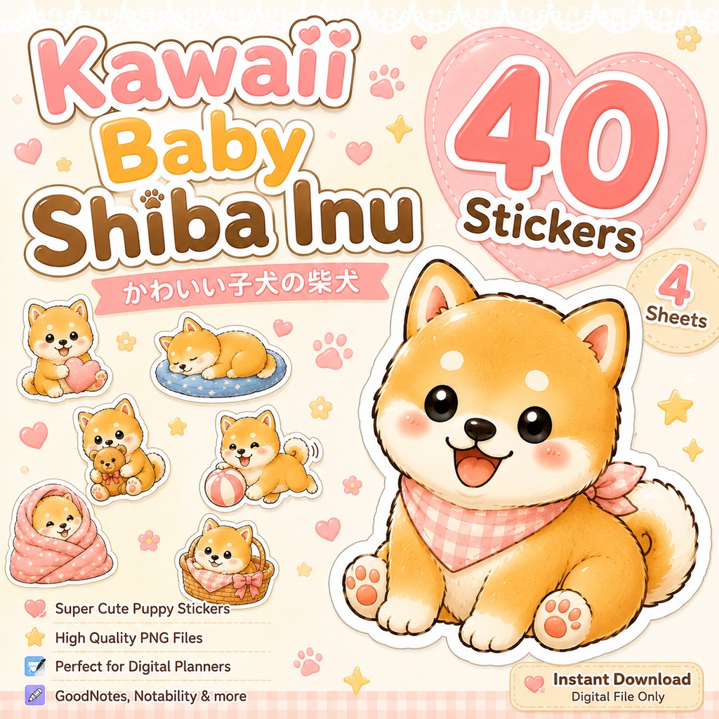 かわいい子犬の柴犬 デジタルステッカー40枚 GoodNotes Notability対応 PNG 手帳デコ iPad ダウンロード素材