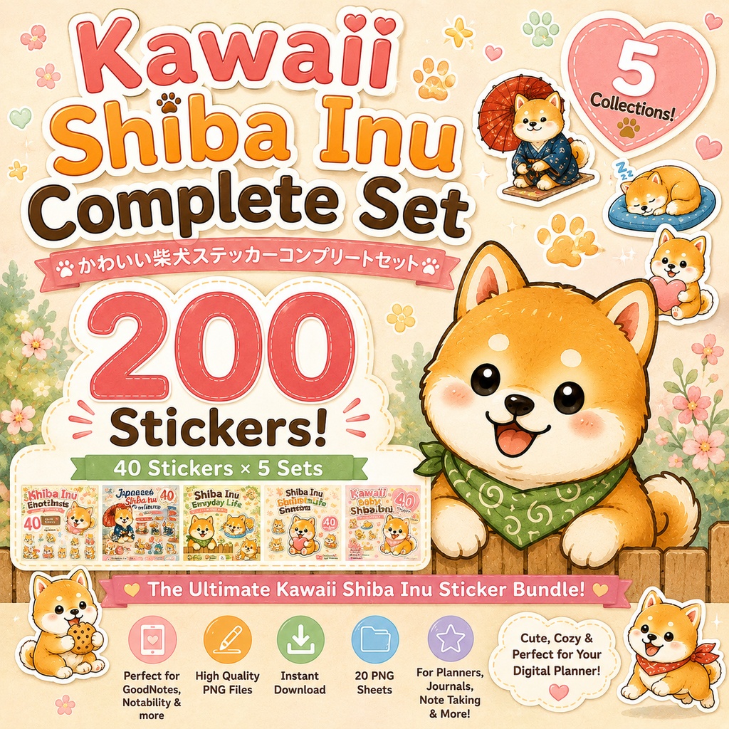 かわいい柴犬 Complete Set デジタルプランナーステッカー 200枚セット GoodNotes Notability対応 PNG
