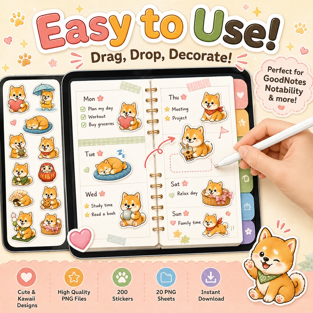 かわいい柴犬 Complete Set デジタルプランナーステッカー 200枚セット GoodNotes Notability対応 PNG