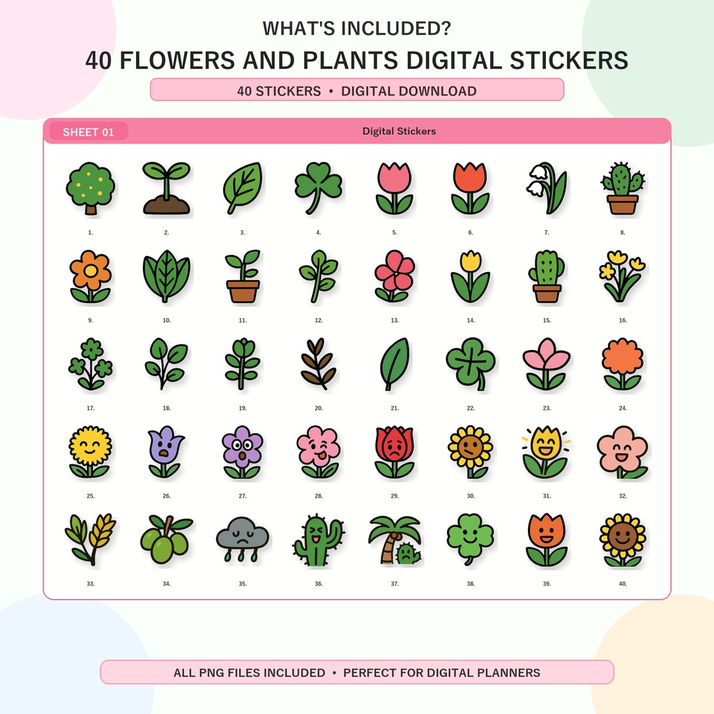 草花デジタルステッカー40枚セット|かわいい植物・花イラスト|GoodNotes・デジタルプランナー対応PNG素材