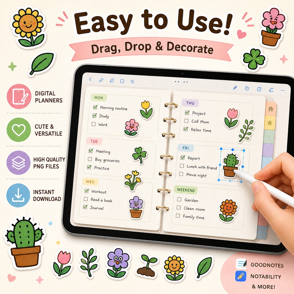 草花デジタルステッカー40枚セット|かわいい植物・花イラスト|GoodNotes・デジタルプランナー対応PNG素材