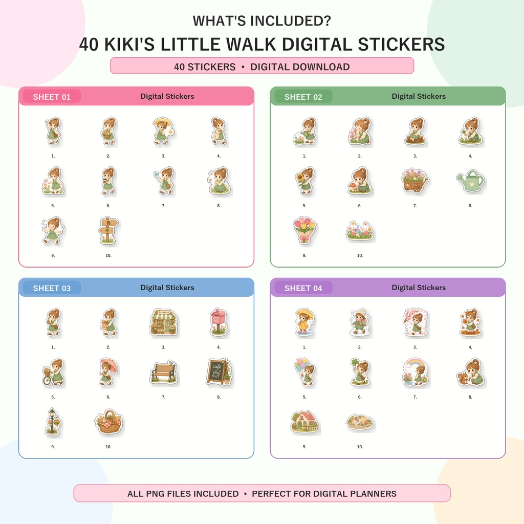 KiKiのお散歩デジタルステッカー40枚セット かわいい女の子 手帳デコ GoodNotes対応 PNGダウンロード素材