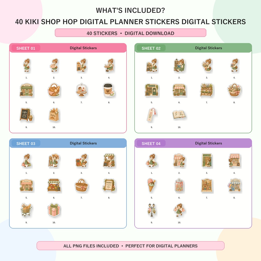 KiKiのお店めぐりデジタルステッカー40枚セット かわいいショッピング 手帳デコ GoodNotes対応 PNG素材