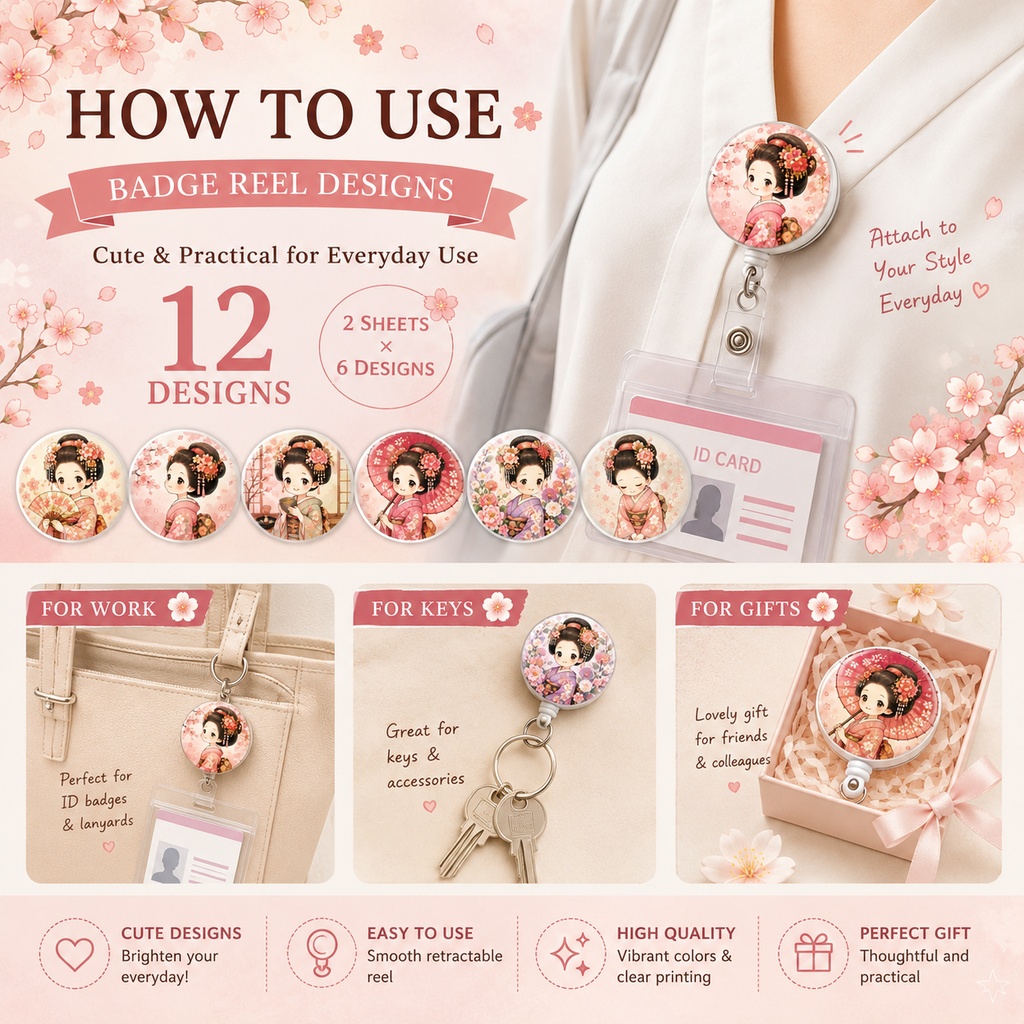 和風かわいい芸者 Badge Reel Designs 12種類|バッジリール用PNGデジタル素材