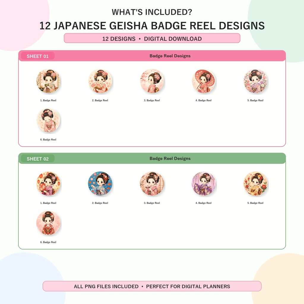 和風かわいい芸者 Badge Reel Designs 12種類|バッジリール用PNGデジタル素材