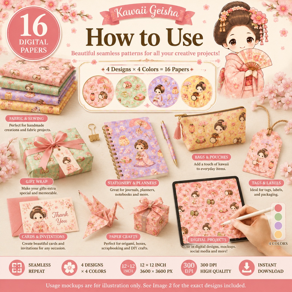 和風かわいい芸者シームレスパターン16枚セット|着物・桜・和柄デジタルペーパー|12×12インチ・300dpi・JPG