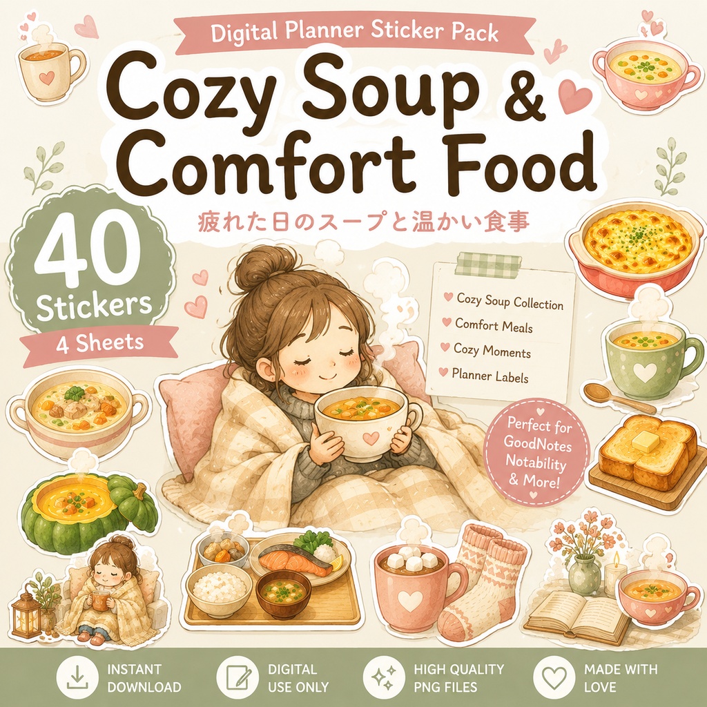 Cozy Soup & Comfort Food デジタルステッカー40枚|手帳デコ・セルフケア・食事記録・冬のプランナー素材