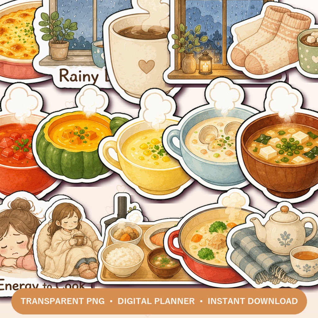 Cozy Soup & Comfort Food デジタルステッカー40枚|手帳デコ・セルフケア・食事記録・冬のプランナー素材