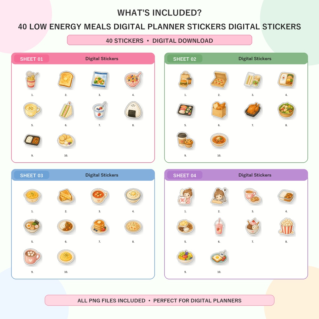Low Energy Meals デジタルステッカー40枚|料理する元気がない日の食事|GoodNotes対応 食事プランナー PNG