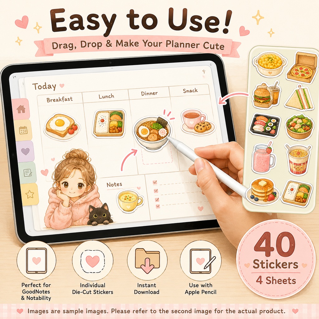 Low Energy Meals デジタルステッカー40枚|料理する元気がない日の食事|GoodNotes対応 食事プランナー PNG