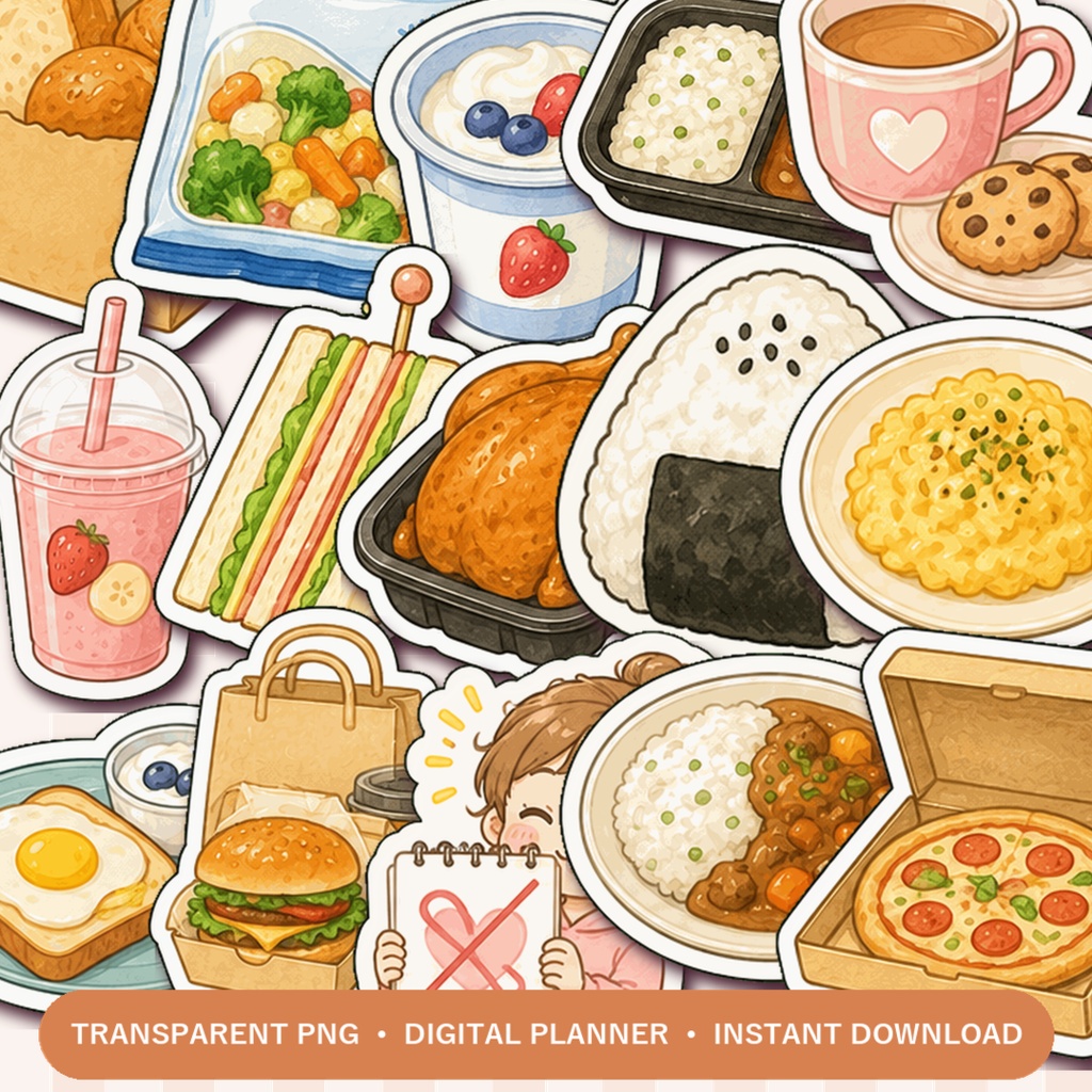 Low Energy Meals デジタルステッカー40枚|料理する元気がない日の食事|GoodNotes対応 食事プランナー PNG