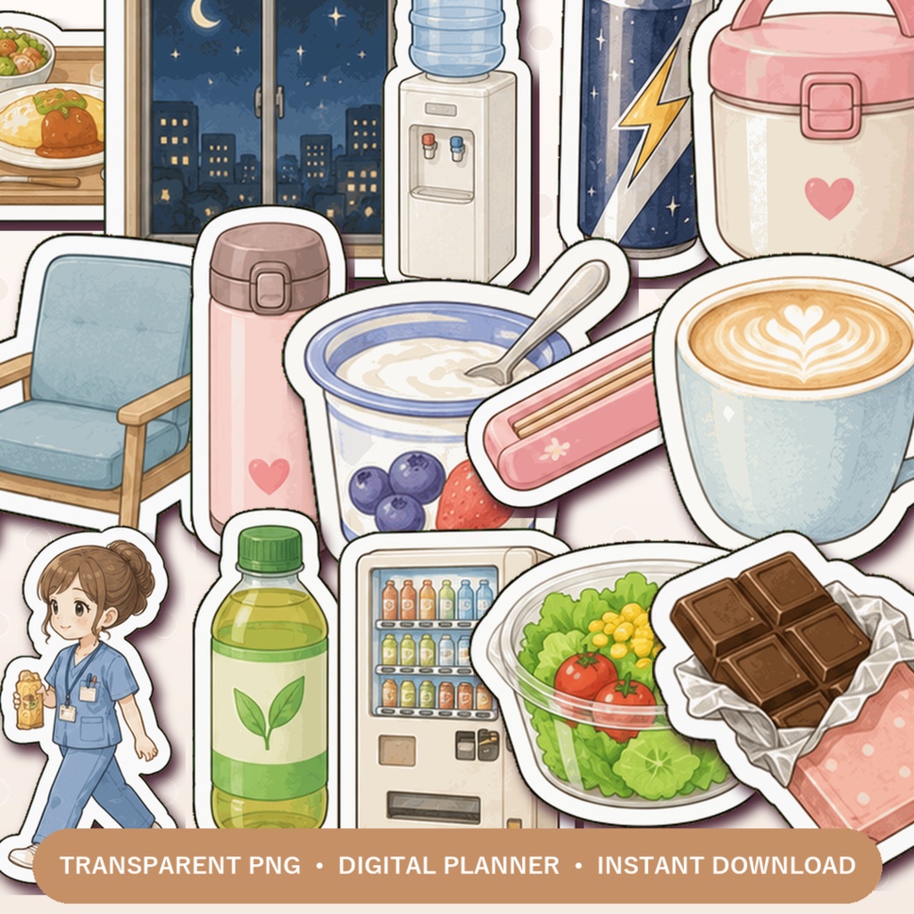 Night Shift Meals 夜勤ごはんデジタルステッカー40枚|ナース・医療従事者向け GoodNotes対応 PNG