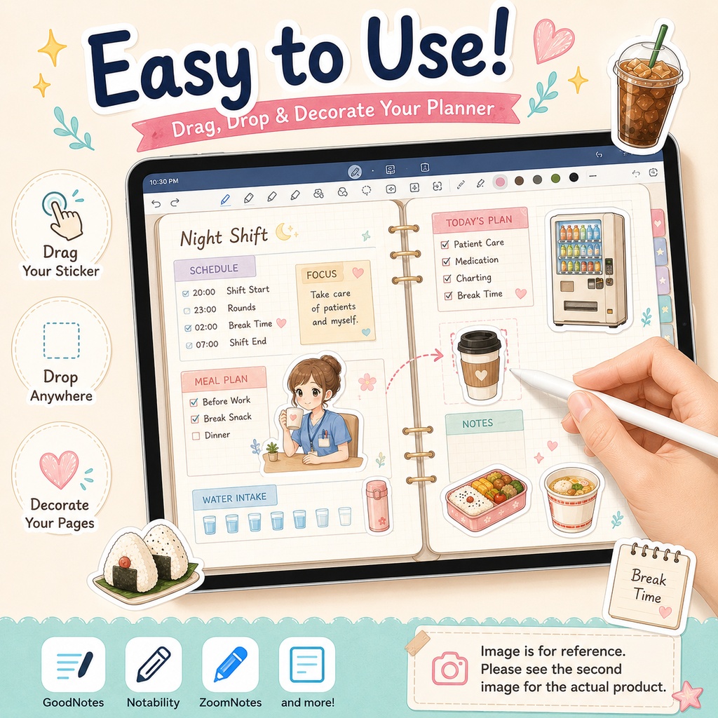 Night Shift Meals 夜勤ごはんデジタルステッカー40枚|ナース・医療従事者向け GoodNotes対応 PNG