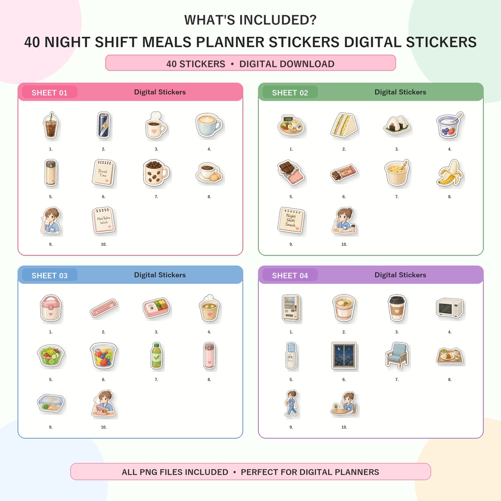 Night Shift Meals 夜勤ごはんデジタルステッカー40枚|ナース・医療従事者向け GoodNotes対応 PNG