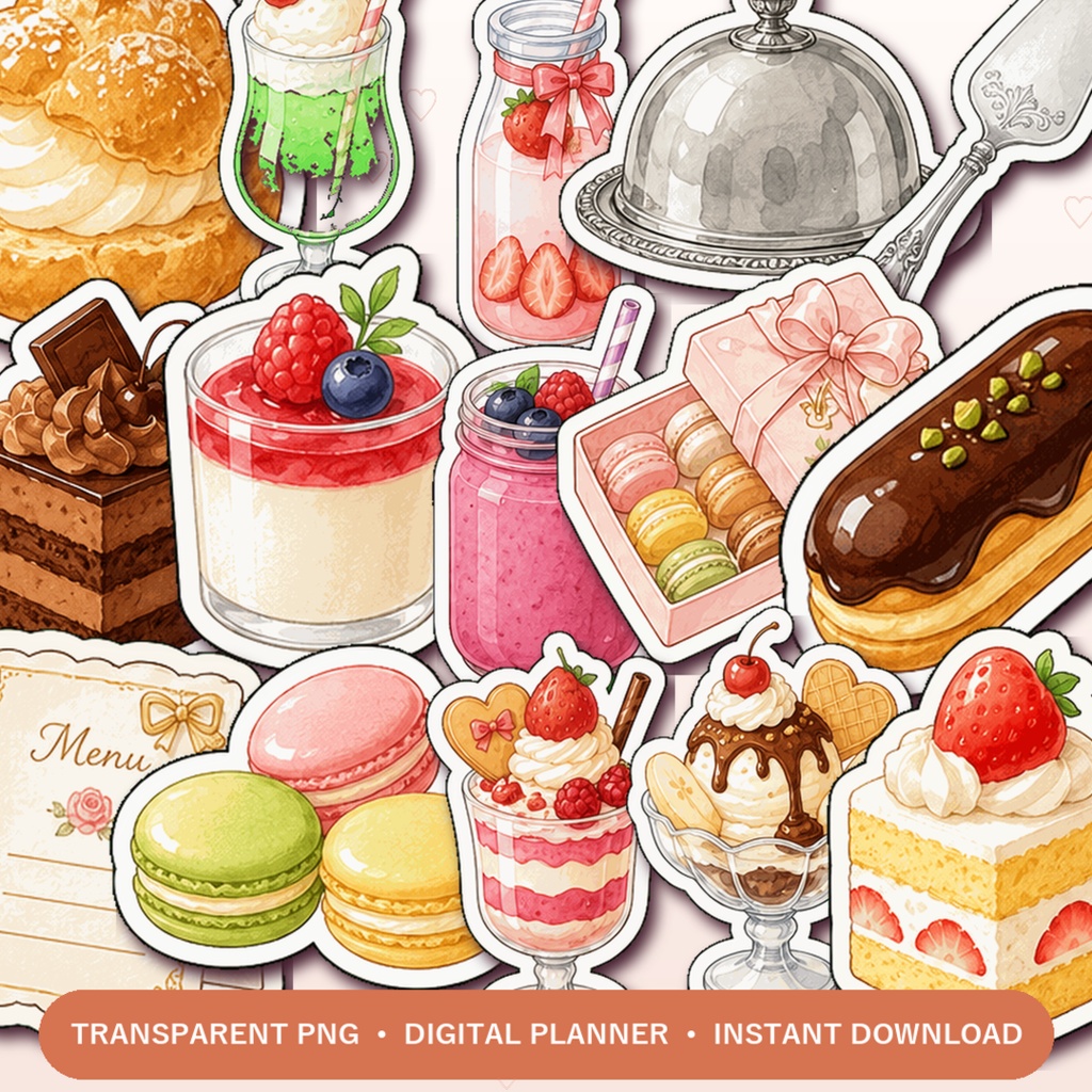 Tiny Desserts デジタルステッカー40枚 小さなスイーツとアフタヌーンティー 手帳デコ GoodNotes対応 PNG素材