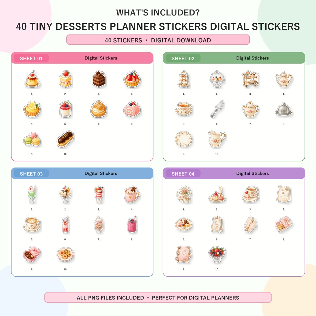 Tiny Desserts デジタルステッカー40枚 小さなスイーツとアフタヌーンティー 手帳デコ GoodNotes対応 PNG素材