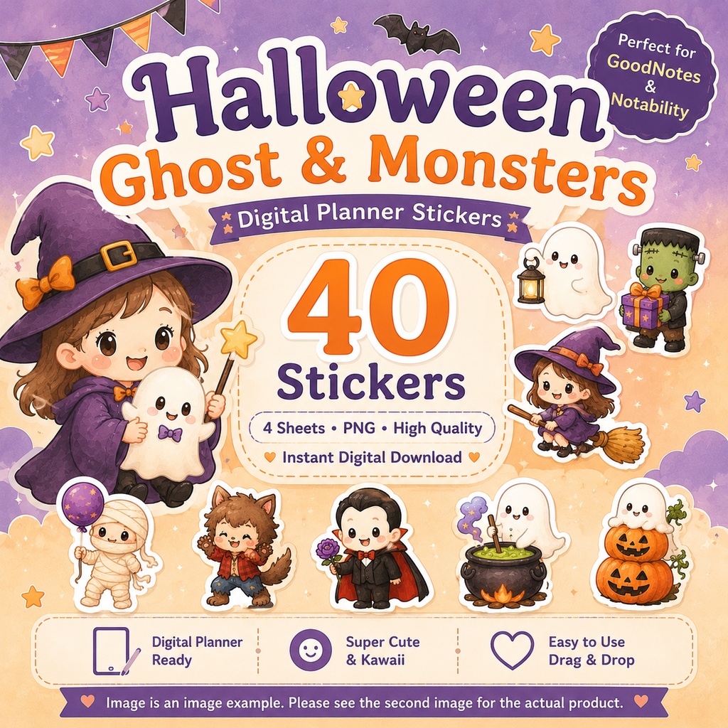 ハロウィン ゴースト モンスター デジタルステッカー 40枚 PNG 手帳デコ GoodNotes Notability対応