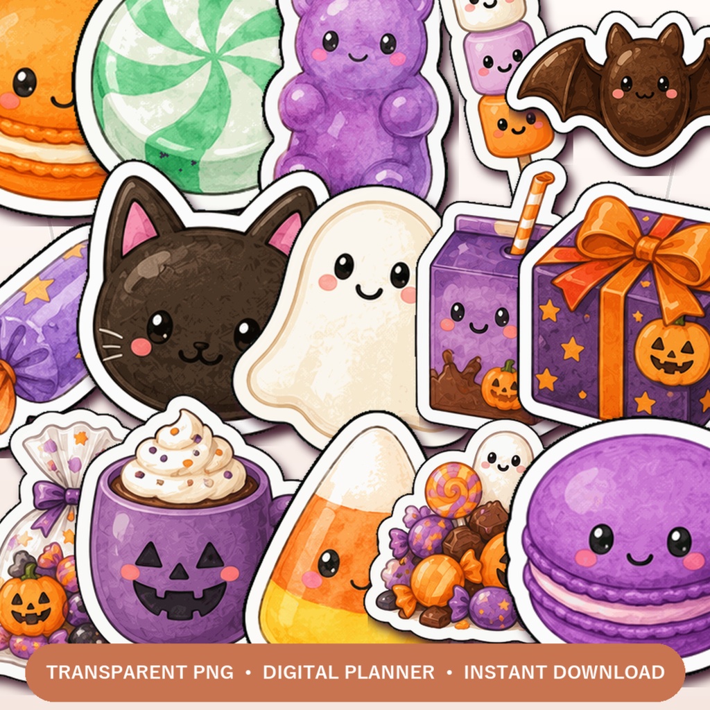 ハロウィンお菓子デジタルステッカー40枚 PNG 手帳デコ GoodNotes Notability対応 かわいいスイーツセット