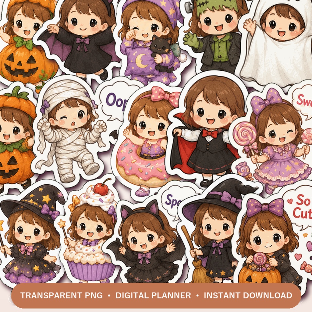 ハロウィン仮装KiKiデジタルステッカー40枚 PNG かわいい女の子 手帳デコ GoodNotes Notability対応