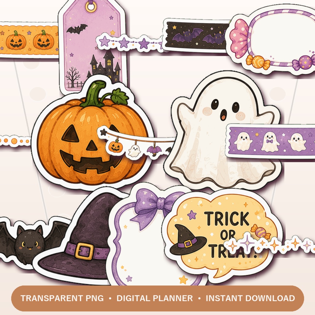ハロウィンデジタルステッカー40枚 手帳デコ PNG フレーム ラベル マステ アイコン GoodNotes Notability対応