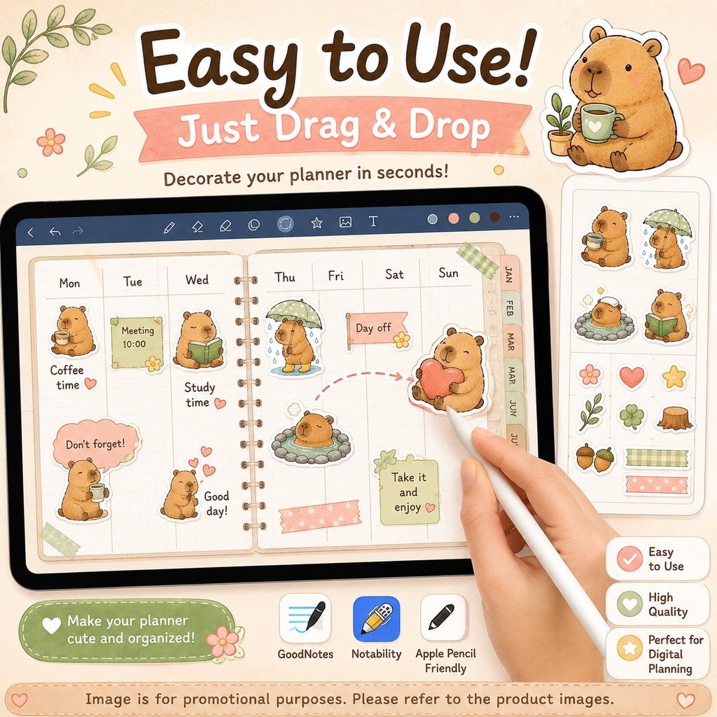 カピバラ デジタルプランナーステッカー 40枚 PNG 手帳デコ GoodNotes Notability対応 ダウンロード版