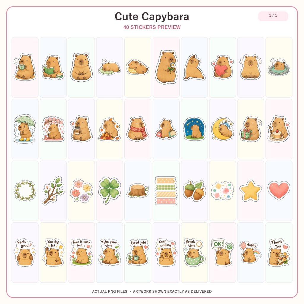 カピバラ デジタルプランナーステッカー 40枚 PNG 手帳デコ GoodNotes Notability対応 ダウンロード版