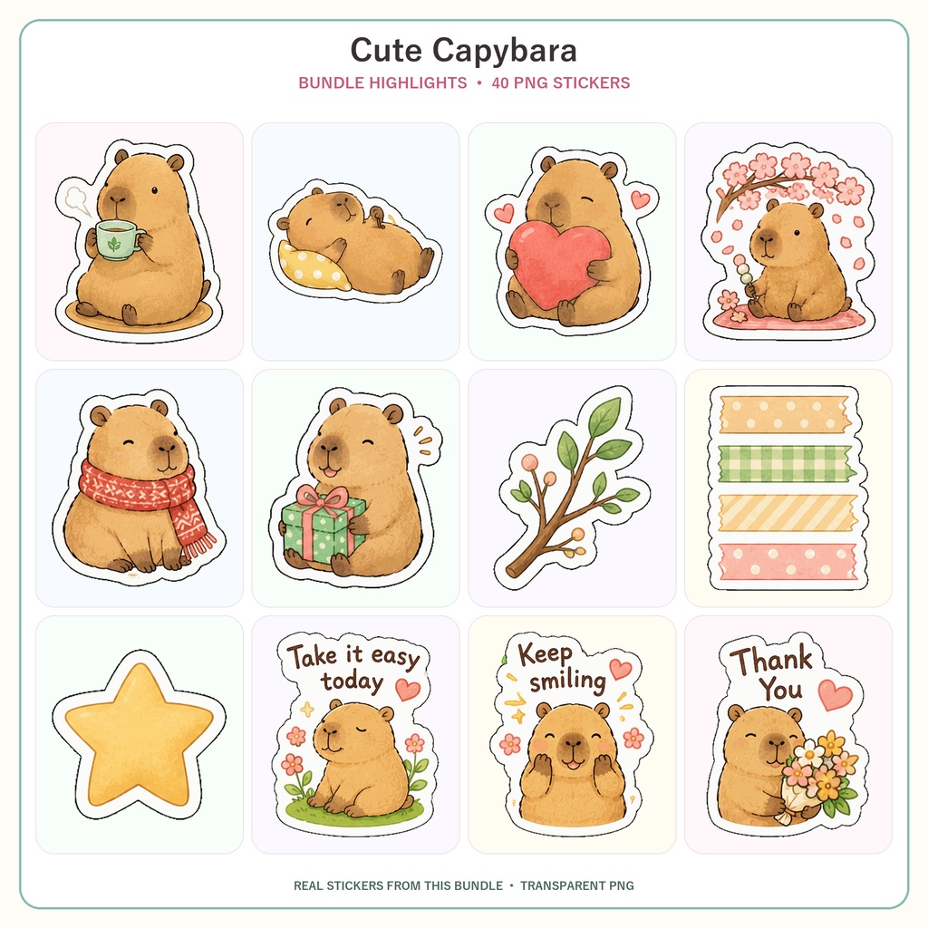 カピバラ デジタルプランナーステッカー 40枚 PNG 手帳デコ GoodNotes Notability対応 ダウンロード版