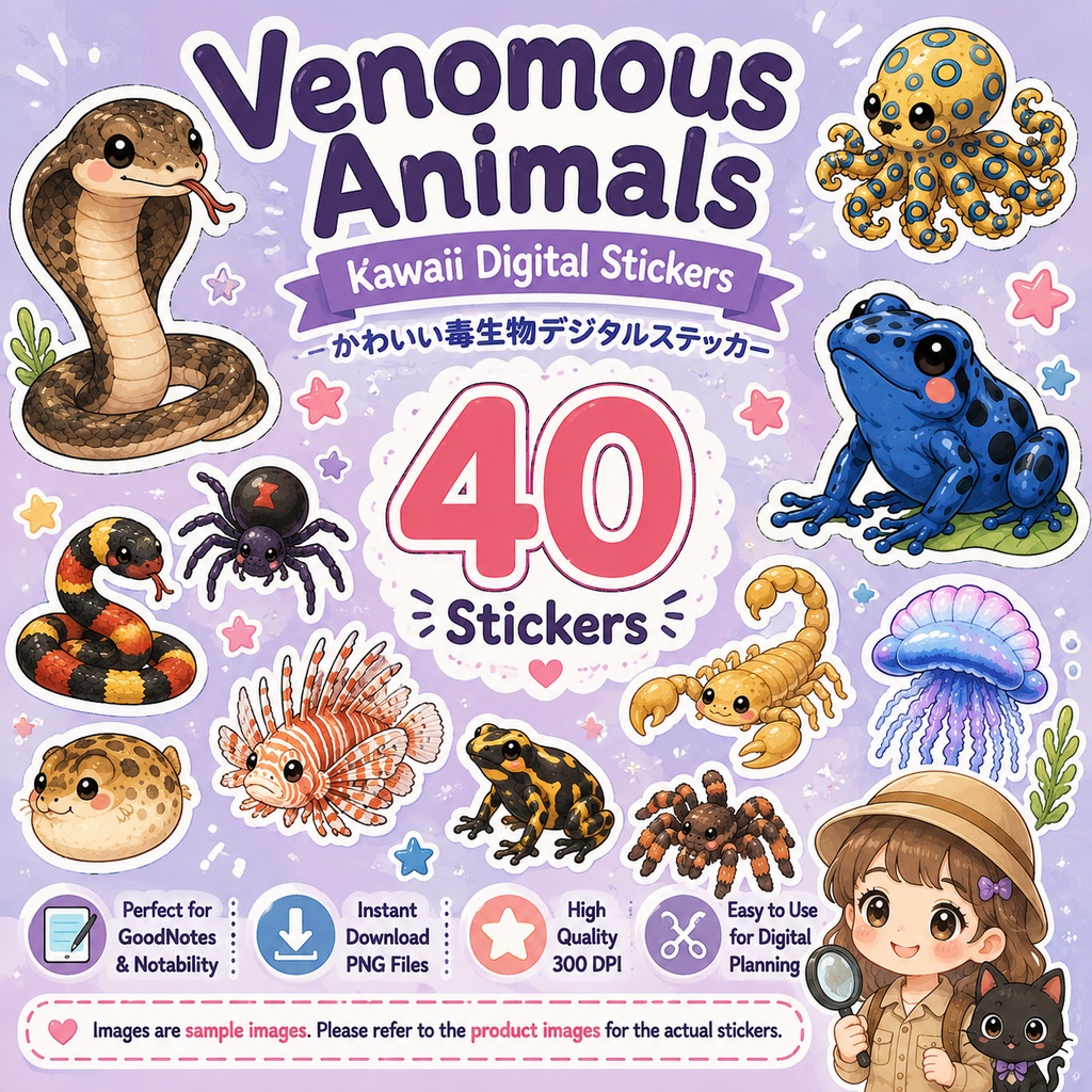 かわいい毒生物デジタルステッカー40枚 | 毒ヘビ・毒グモ・サソリ・海の毒生物 PNGデジタル素材