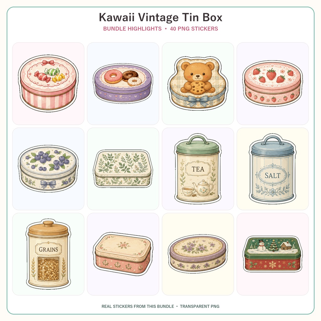 かわいいレトロ缶ステッカー40枚 | お菓子缶 ティンケース 保存缶 コレクション缶 デジタルプランナーPNG素材