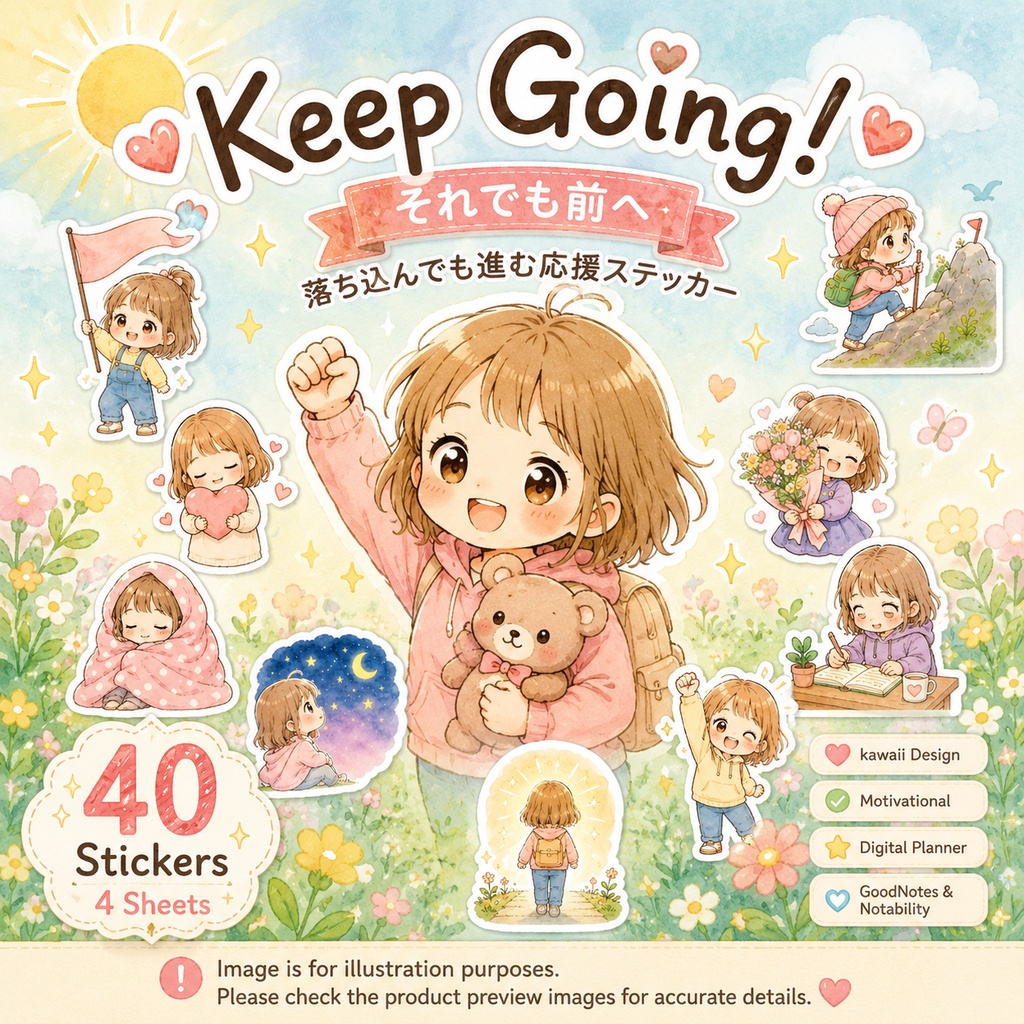 それでも前へ 応援ステッカー 40枚 4シート kawaii デジタルプランナー GoodNotes Notability対応