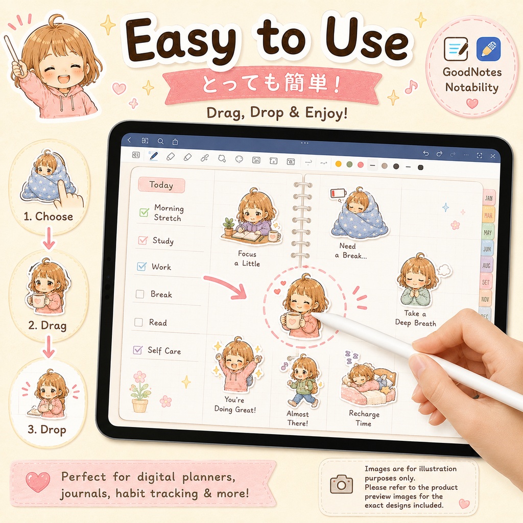 Low Battery Mode kawaii デジタルプランナーステッカー40枚 4シート セルフケア 手帳デコ GoodNotes Notability対応