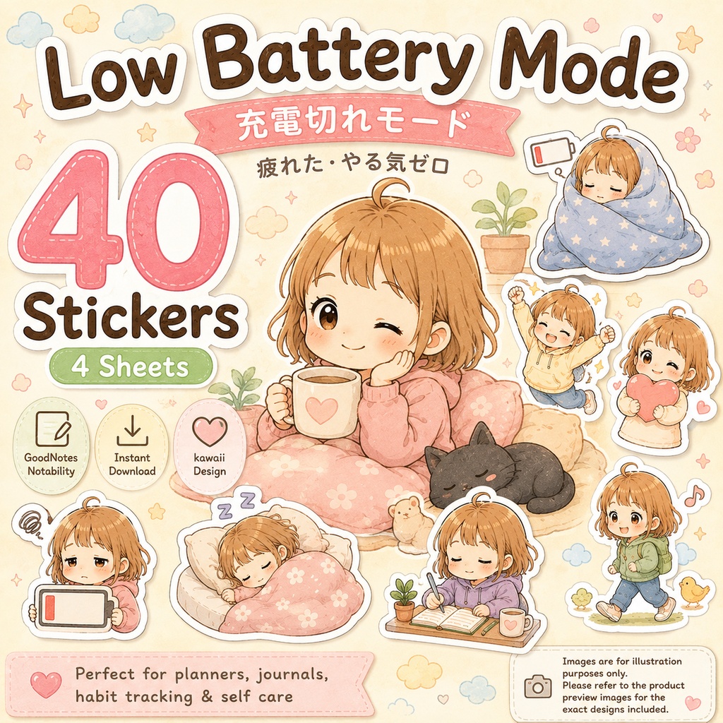 Low Battery Mode kawaii デジタルプランナーステッカー40枚 4シート セルフケア 手帳デコ GoodNotes Notability対応