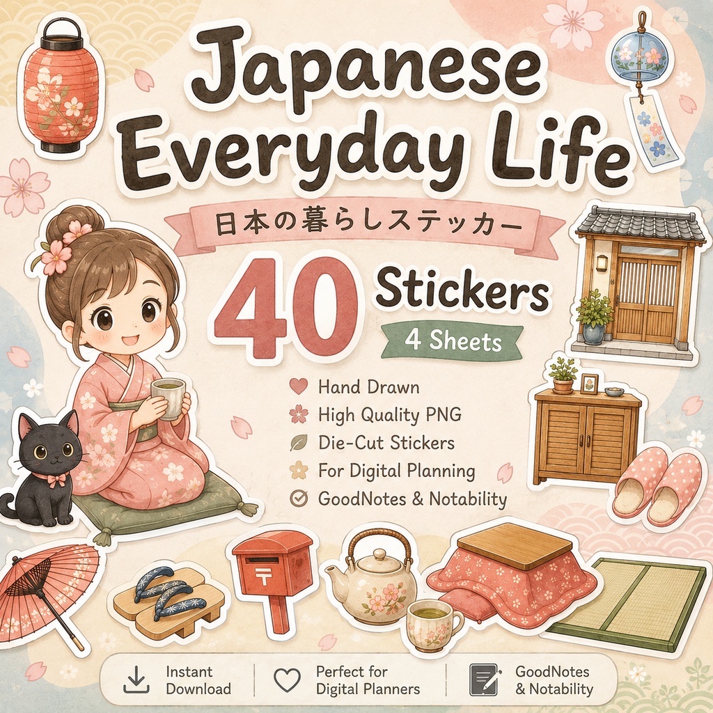 日本の暮らしデジタルステッカー40枚 和風インテリア 茶道具 和室 雑貨 GoodNotes Notability対応 PNG素材