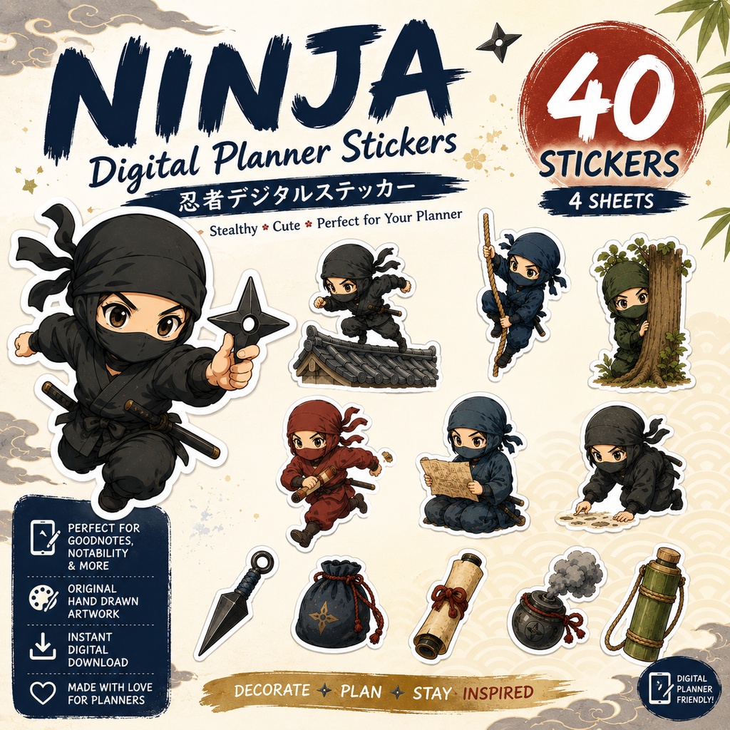 かわいい忍者デジタルステッカー40枚 オリジナル忍者イラスト GoodNotes対応 デジタルプランナー PNG素材