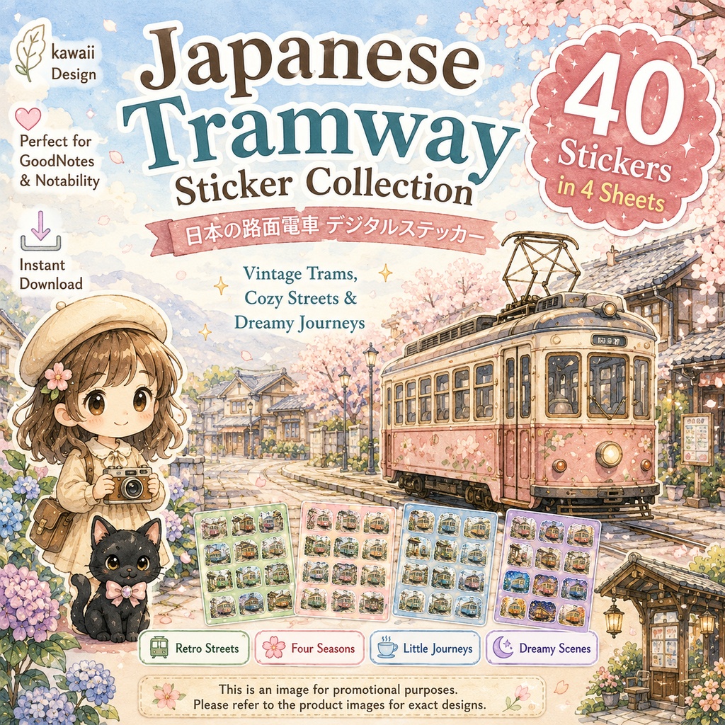 日本の路面電車 デジタルプランナーステッカー 40種類 4シート レトロ街並み 幻想風景 kawaii PNG ダウンロード
