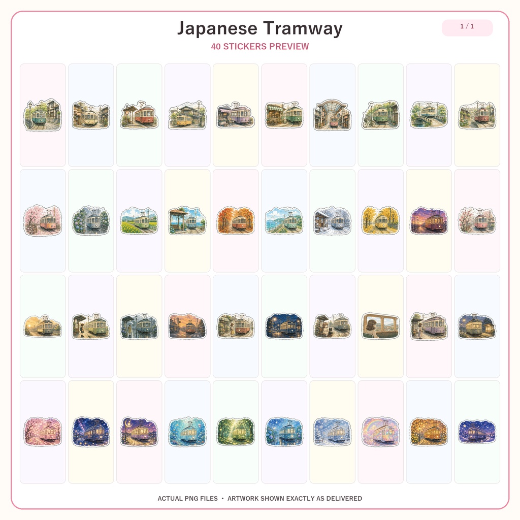 日本の路面電車 デジタルプランナーステッカー 40種類 4シート レトロ街並み 幻想風景 kawaii PNG ダウンロード