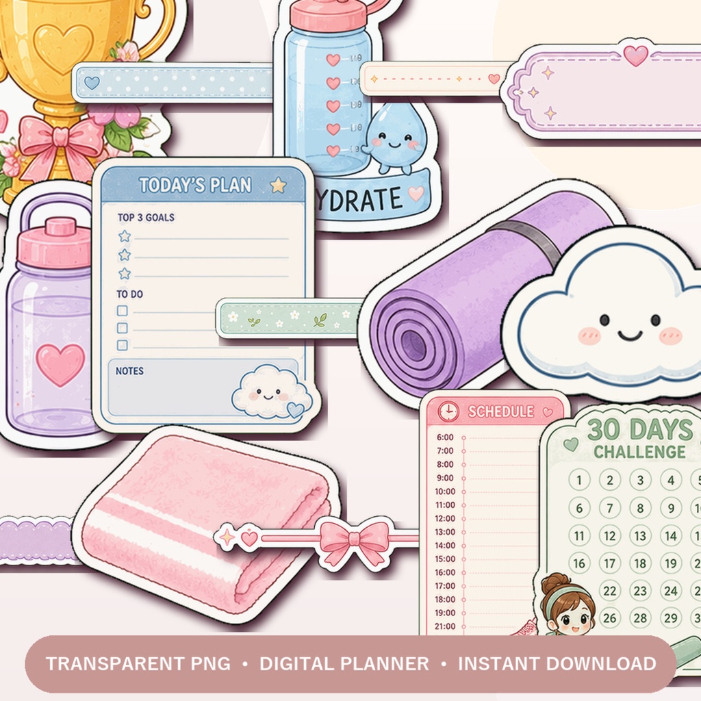 Kawaii フィットネスプランナーステッカー 205枚 デジタルステッカー 手帳デコ GoodNotes Notability対応 PNG