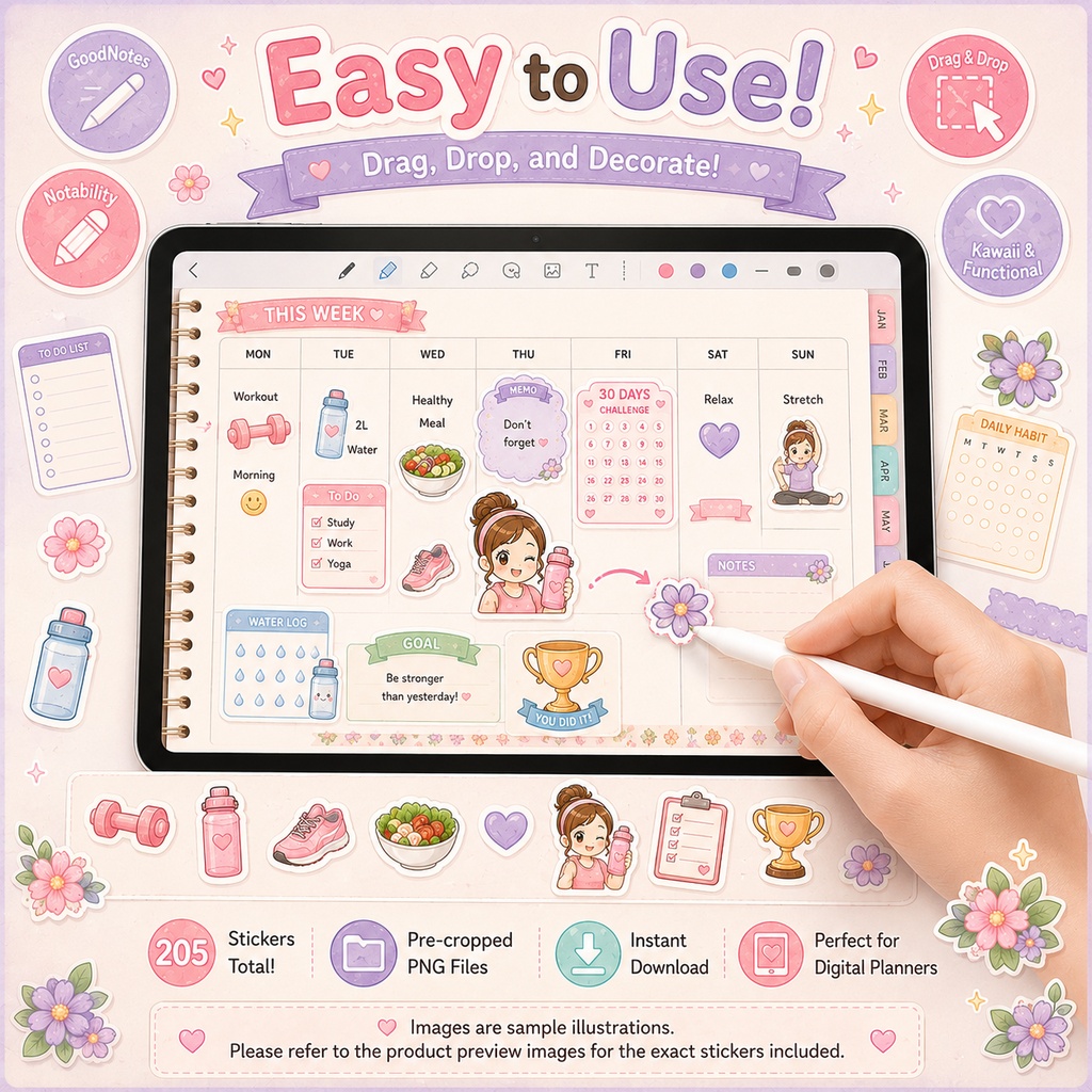 Kawaii フィットネスプランナーステッカー 205枚 デジタルステッカー 手帳デコ GoodNotes Notability対応 PNG