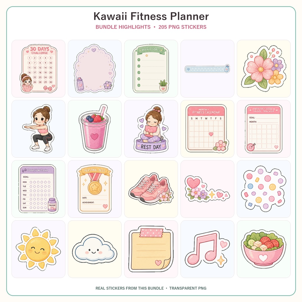 Kawaii フィットネスプランナーステッカー 205枚 デジタルステッカー 手帳デコ GoodNotes Notability対応 PNG