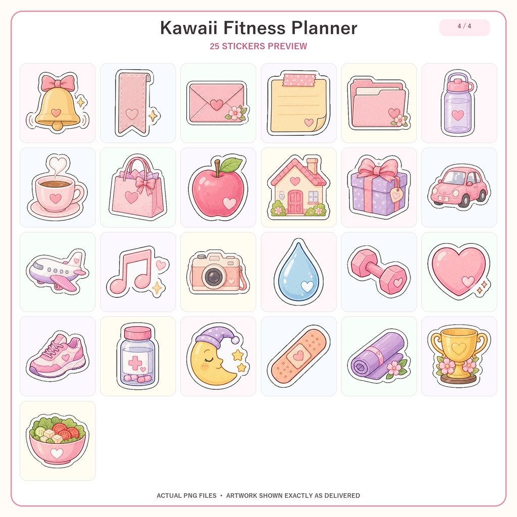 Kawaii フィットネスプランナーステッカー 205枚 デジタルステッカー 手帳デコ GoodNotes Notability対応 PNG