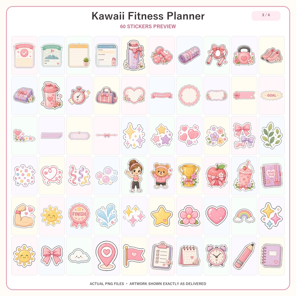 Kawaii フィットネスプランナーステッカー 205枚 デジタルステッカー 手帳デコ GoodNotes Notability対応 PNG