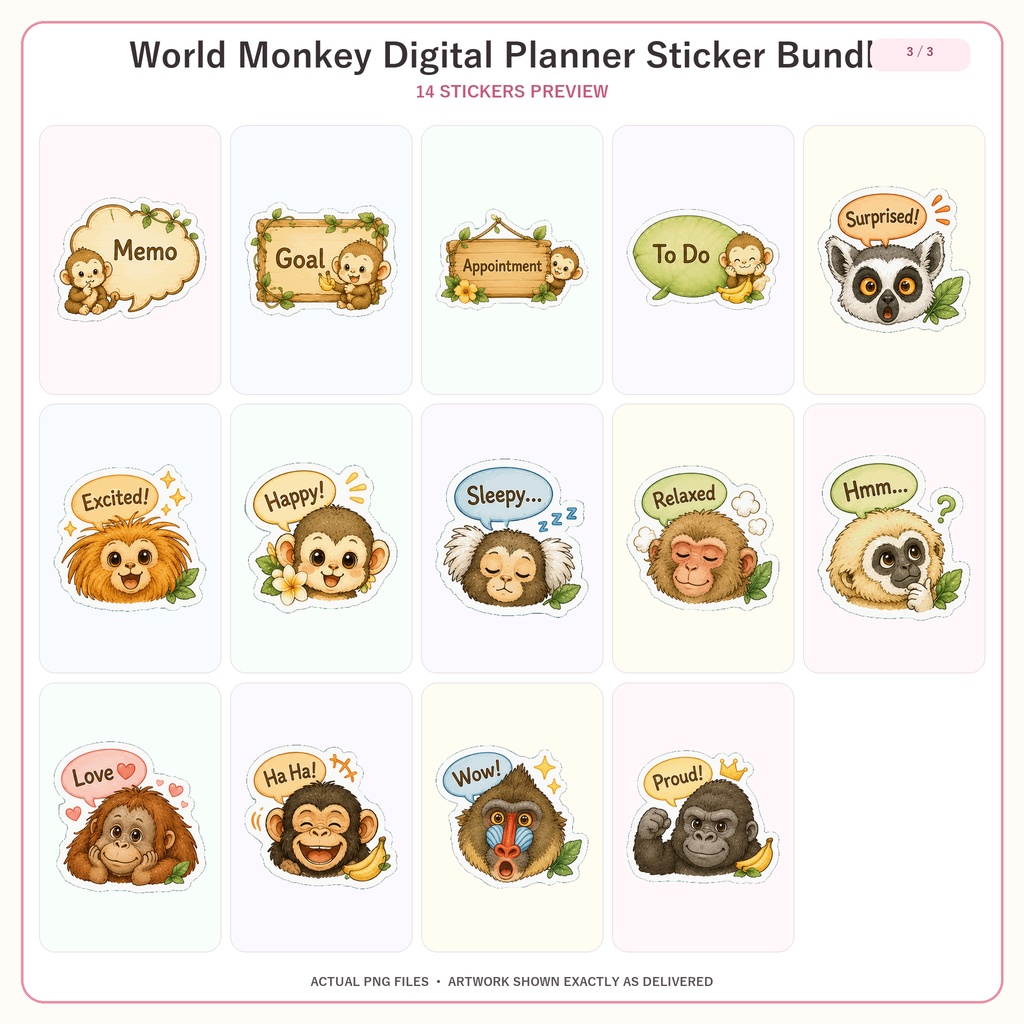 世界のサル デジタルステッカー 254枚 6セット kawaii プランナー GoodNotes Notability対応 PNGダウンロード版