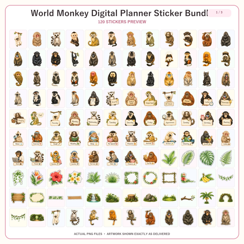 世界のサル デジタルステッカー 254枚 6セット kawaii プランナー GoodNotes Notability対応 PNGダウンロード版