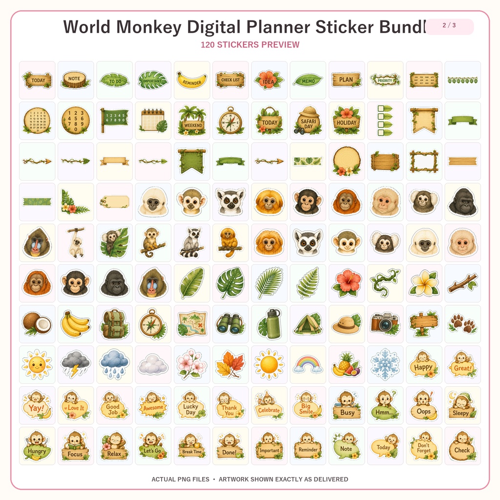 世界のサル デジタルステッカー 254枚 6セット kawaii プランナー GoodNotes Notability対応 PNGダウンロード版
