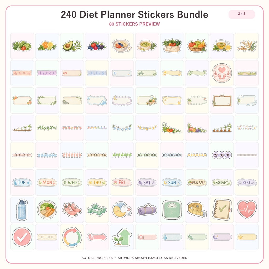 ダイエットプランナー デジタルステッカー240枚セット GoodNotes対応 PNG素材 手帳デコ 健康管理 ダウンロード版
