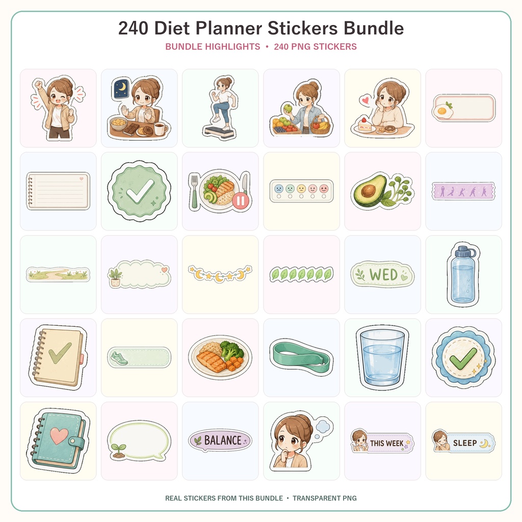 ダイエットプランナー デジタルステッカー240枚セット GoodNotes対応 PNG素材 手帳デコ 健康管理 ダウンロード版