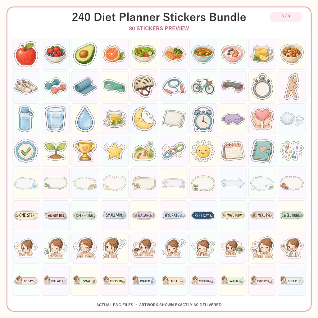 ダイエットプランナー デジタルステッカー240枚セット GoodNotes対応 PNG素材 手帳デコ 健康管理 ダウンロード版