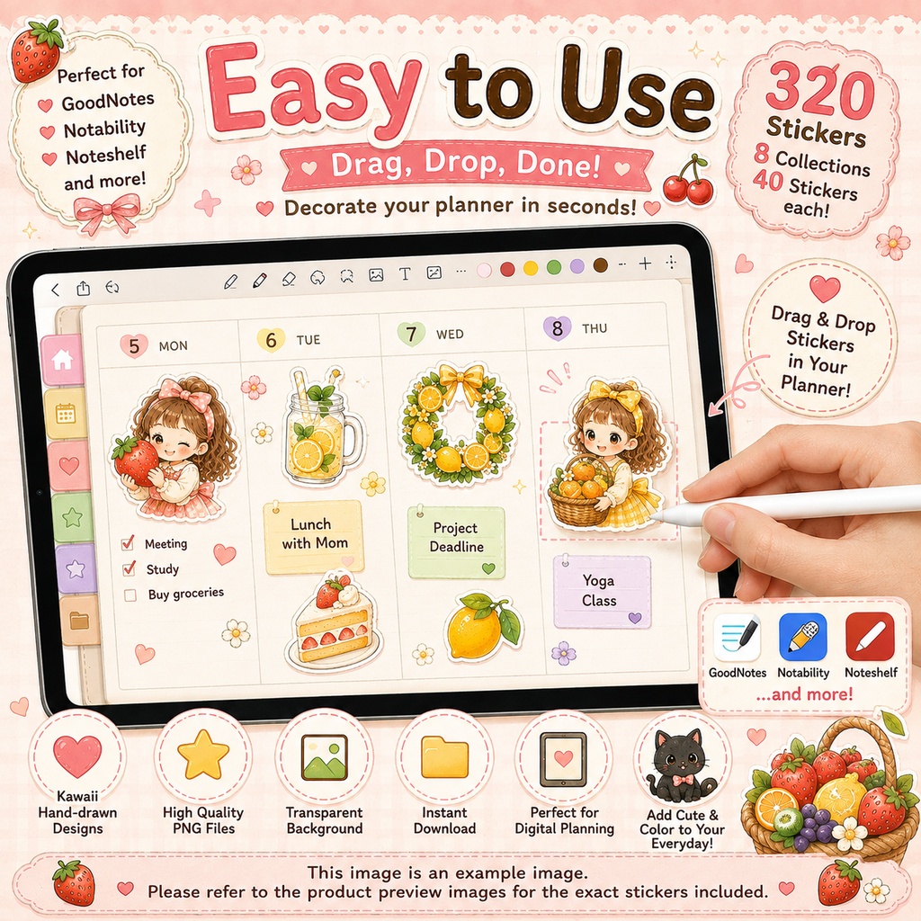 かわいいフルーツデジタルステッカーセット 320枚 8シート PNG GoodNotes Notability対応 手帳 日記 コラージュ